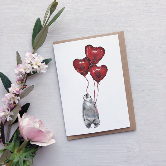 Valentines penguin chick watercolour greetings card, anniversary card