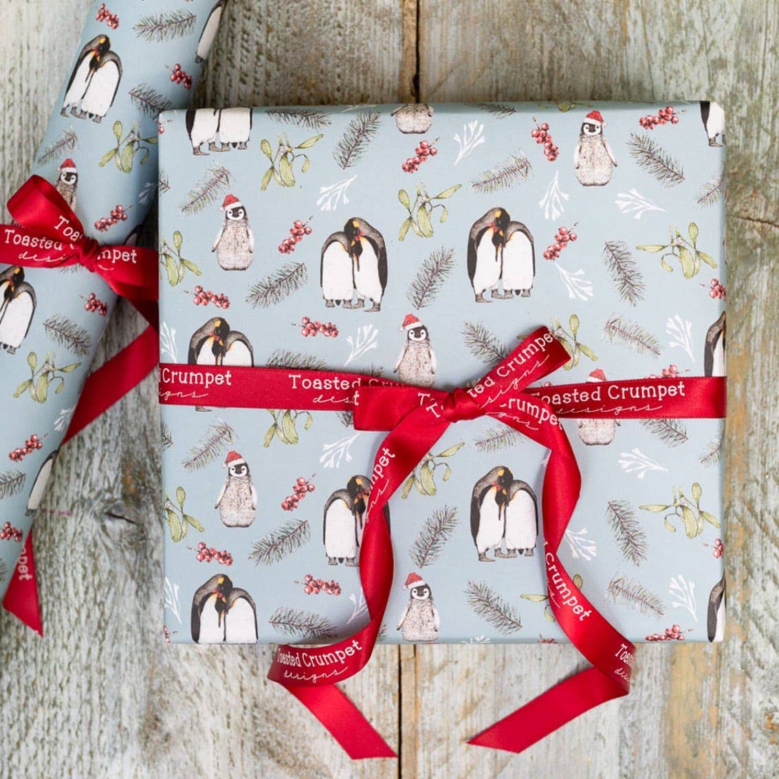 Christmas Penguins (Ice Blue) Gift Wrap Single Sheet