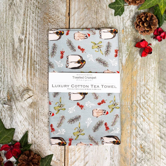 Christmas Penguins (Ice Blue) Tea Towel