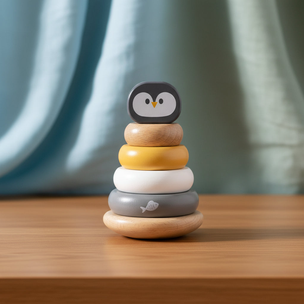 Stack of colorful wooden rings with a penguin design on a white background