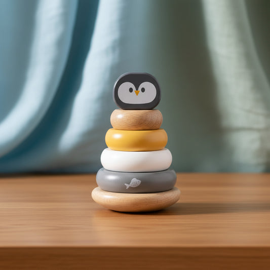 Stack of colorful wooden rings with a penguin design on a white background