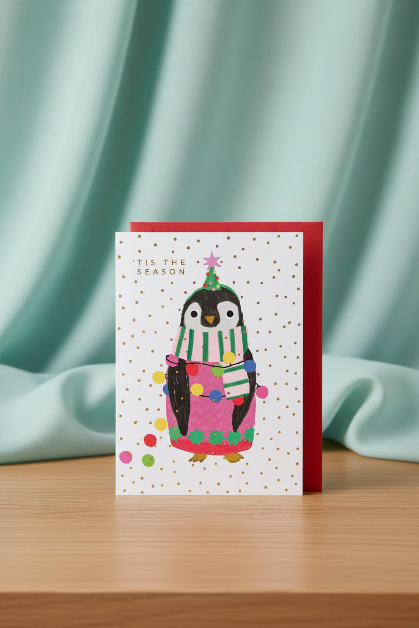 Penguin in Christmas Lights Card