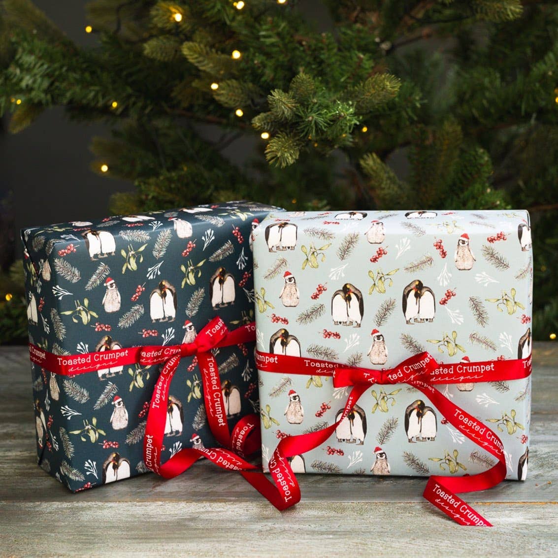 Christmas Penguins (Ice Blue) Gift Wrap Single Sheet