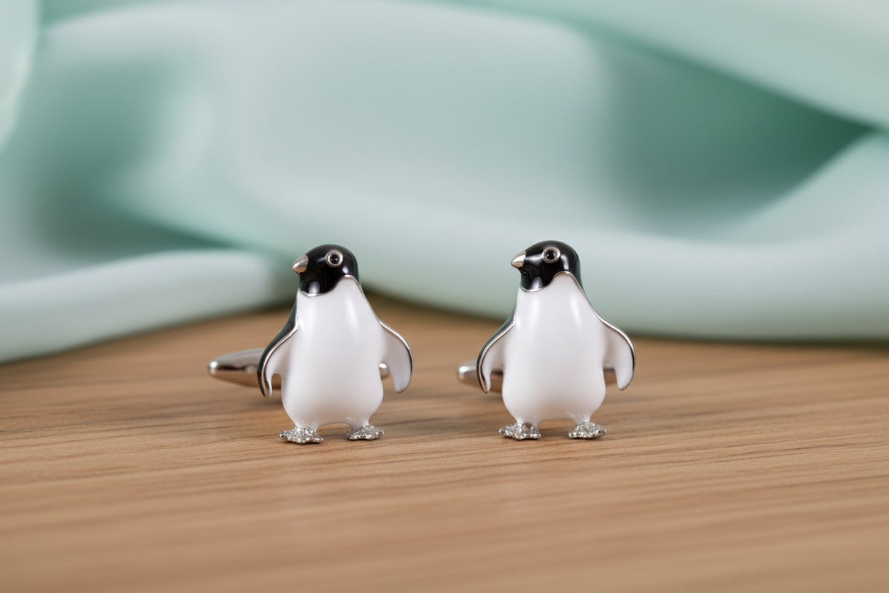 3D Penguin Rhodium Plated Cufflinks