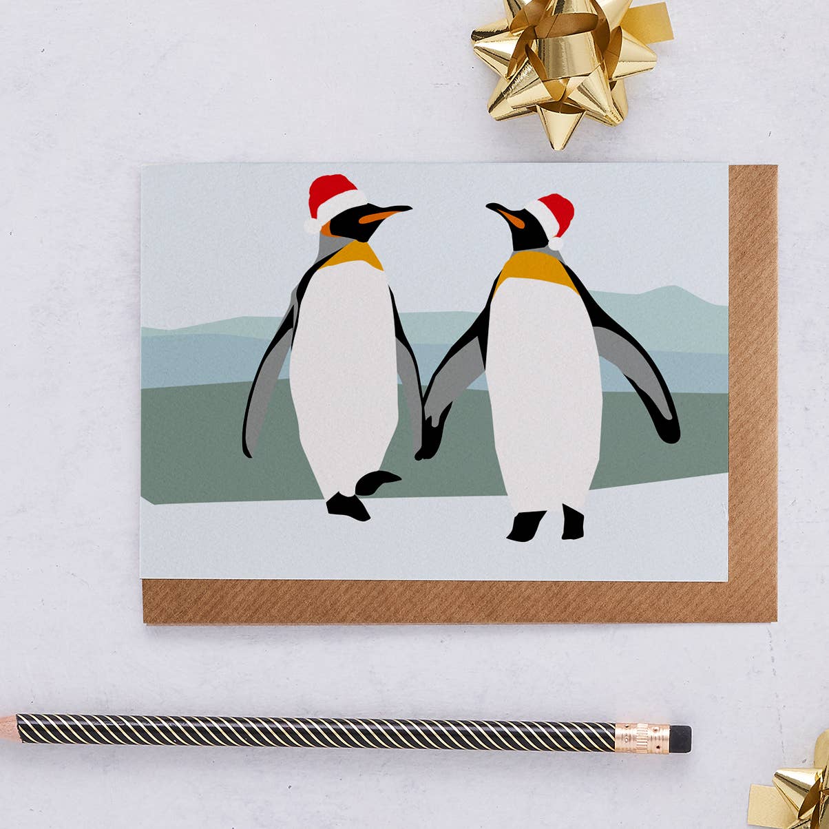 Christmas Card — Penguins in Santa Hats