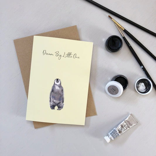 Penguin chick hand-painted greetings card